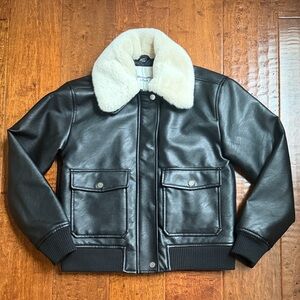 A&F Black Leather Jacket with White Fur Collar